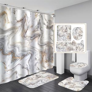 Shower Curtains 4Pcs Marble Style Shower Curtain Set with Non-Slip Rugs Toilet Lid Cover and Bath Mats Bathroom Shower Curtain Rugs Accessories 230607