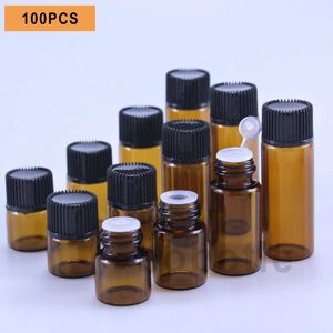 100pcs 1ml/2ml/3ml/5ml空のアンバーガラスエッセンシャルオイルボトル薄い小さなdram香水バイアルサンプルテスト7thp