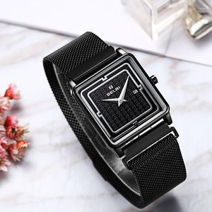 Armbanduhren Belbi verkauft Damen-Quarzuhr, kleines quadratisches Zifferblatt, analoge Zeitanzeige, Kalender, einfache Luxus-Armbanduhr, wasserdichte Uhren