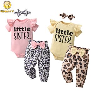 Giyim setleri kukitty moda yaz doğumlu bebek kız bebek giysileri seti kısa kollu fırfır romper üstleri leopar pantolon baş bandı 3pcs kıyafetler 230607