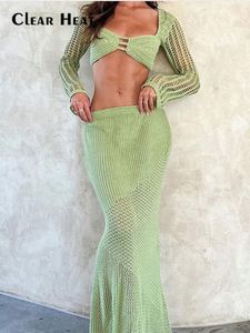 Two Piece Dress Women Solid Long Sleeve Knit Skirt 2 Pieces Set Knitted Crop Top High Waist Skirts Suit Summer Female Beach Vocation Outfit 230607