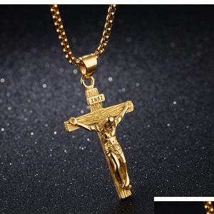 Pendant Necklaces Stainless Steel Religious Necklace Jesus Cross In Gold/Black Gun Plating For Faithf Men Women Drop Delivery Jewelr Dh1Rf