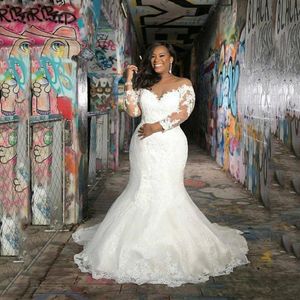Plus Size African Mermaid Wedding Dresses 2020 New Sweep Train Applique 3 4 Long Sleeve Lace Sheer Bridal Gowns Vestido De Novia W3203