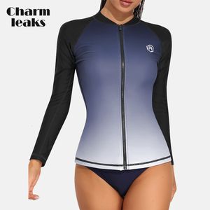 Wetsuits Drysuits CharmLeaks Kadın Döşemeler Upf 50 Mürettebat Boyun Uzun Kollu Fermuar Gradyanlar Renk Hızlı Kuru Yumuşak Yüzme Sörf Üstleri 230607