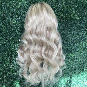 Kvinna syntetisk askblond peruk med mörka rötter 13x4 Body Wave spets front peruker för svarta kvinnor transparent spets frontala cosplay 230524