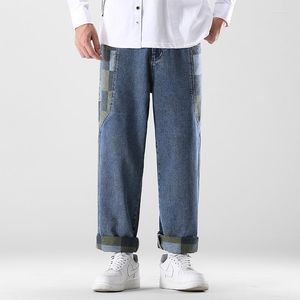 Herr jeans trevlig hösten män denim bredben byxor street mode koreansk stil tryckning blå baggy man rak