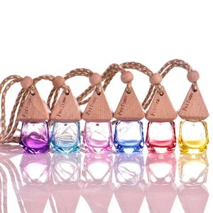 Colorful 100pcslot Mini 6ml Glass Car Perfume Bottles Pendant With Wood Cap Empty Refillable Bottle Hanging Cute Air Freshener Carrier