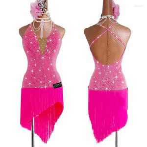 Stage Wear Latin Dance Dress Women Performance Clothes Pink Fringe Rhinestone Competition Costume Customize Girls BL6751