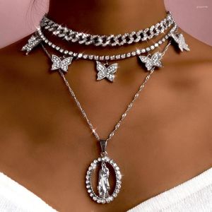 Chains Punk Bling Paved Rhinestones Miami Cuban Chain Necklace For Women Multilayer Iced Out Crystal Butterfly Choker Jewelry