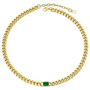 Chains YtrKiasy Green Zircon Necklace For Women 8MM Width Stainless Steel Cuban Link Chain 18K Gold Plated Trendy Jewelr