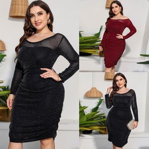 Casual Dresses Women Off Shoulder Long Sleeve Empire Waist Cocktail Party Shimmer Midi Dress 10CD