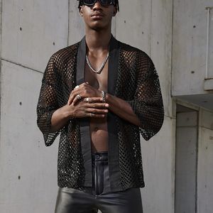 Men's T Shirts Hollow-Out T-Shirt Men's Sense Mesh Cardigan Shawl Fashion Men's Performance Shirt