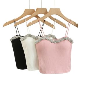 Kadınların Yeni Spagetti Kayışı Lüks Rhinestone Puiced Yastıklı Kısa Tanklar Camis Vest