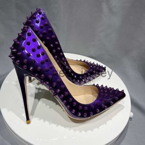 Sandálias All Purple Spikes Rebites Bico Pontudo Salto Super Alto Feminino Bombas Festa Casamento Moda Sapatos Plus Size 42 43 44 45 J230608