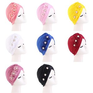 Donne Solid Pearl Flowers Ruffle Turbante Musulmano Hijab Foulard Caps Wrap Head Wedding Party Copricapo Turbante Mujer