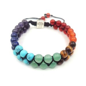 JLN Seven Chakra 6mm Stone Life Tree Charm Yoga Bracelet Antique OM Accessory Double Layer Braided Adjustable Healing Bracelets For Man Woman Jewelry