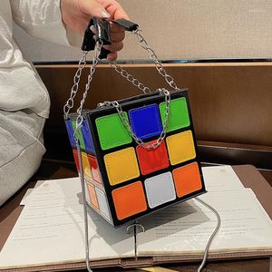 Borse da sera Plaid Magic Cube Borse da donna 2023 Pelle verniciata Fashion Box Square Bag Personalità Funny Cute Shoulder Ladies