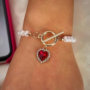 Braccialetti con ciondoli Trendy Shiny Heart Crystal Pendant Pearl Per le donne Semplici perle Catena OT Buckle Bracelet Party Jewelry Gift