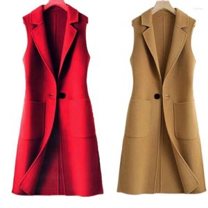 Kvinnors västar 2023 Woolen Vest Female Spring Autumn Ytterkläder Slim Show Thin All Match Mid-Längd Fashion Sleeveless Jacket 4xl