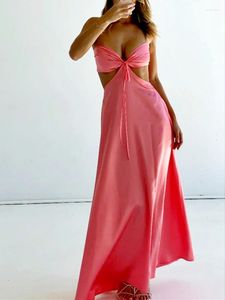 Casual Dresses Women Y2K Satin Tube Dress Strapless Wrap Chest Hollow Out Pleated Long Summer Bohemian Cocktail Party Elegant