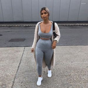 Women's Two Piece Pants Outfit Fitness Pieces Matching Set Tracksuit Pad Bralette Crop Top Tank Skinny Tight Leggins Pant Solid Sportswear