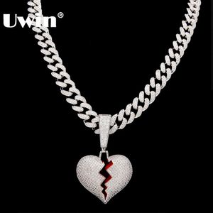 Naszyjniki wiszące Uwin Broke Broke Heart Naszyjnik z 13 mm sześcienną cyrkonową łańcuch Link Modna Hiphop Luksusowy mrożony biżuteria 230607