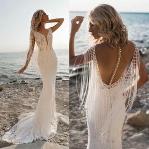 Mermaid Bohemian 2020 Wedding Dresses Fringe Sexy V Neck Bridal Gowns Sleeveless Long Appliques Lace robe de mariee2114