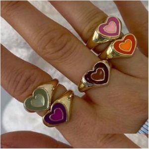 Band Rings Ins Double Layer Love Heart Ring Vintage Drop Oil Metal For Women Girls Fashion Jewelry Delivery Dhmoa