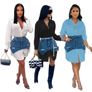 Womens Dress Suit Spring Summer New Personality Denim Combination Dress Shirt Two Piece Set