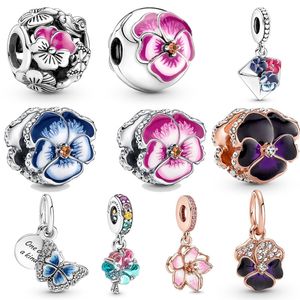 Neue, beliebte, echte 925er-Sterlingsilber-Blumenserie mit Viola-Tricolor-Anhängerperlen für Pandora-Charm-Armbänder, Originalschmuck für Frauen, kostenlose Pandora-Box