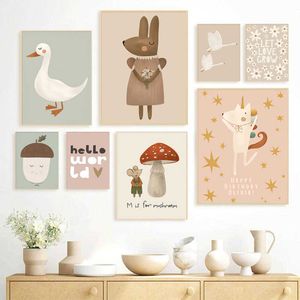 Nordic Cartoon Fox Rabbit Mouse Goose Duck Wall Art Canvas Painting Nursery Poster and Prints Pictures Baby Kids Room Decor 0GHY