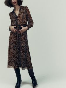 Abiti casual autunno inverno per donna 2023 moda elegante abito vintage con stampa leopardata colletto a V manica lunga midi con cintura