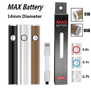 Original max batteri 14 mm diameter patronbatterier 650 mAh Förvärm variabel spänning VV VAPE PEN för 510 vagnar med USB -genomgångstillverkare