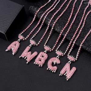 Chains Bling Rhinestone Alphabet A-Z Initial Name Pendant Necklace For Women Men Pink Crown Letter Crystal Chain Trend Jewelry