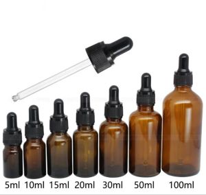 e液体ガラスアンバーボトル5ml 10ml 15ml 20ml 30ml 50ml 100mlの黒い蓋付きの空のドロッパーボトル