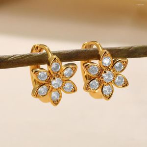 Stud Earrings Exquisite Lotus Flower For Women Stainless Steel Gold Color Crystal Small Hoop Trendy Jewelry Aretes