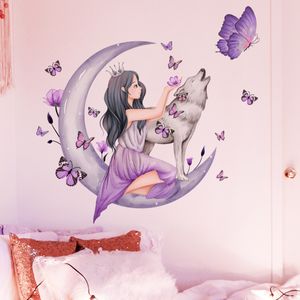 Girl Grey Moon Wolf Butterfly Wall Sticker Autoadesivo Rimovibile Vinile PVC Home Decor per Soggiorno Camera da Letto