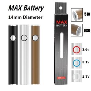 Otantik maksimum pil 14mm çapında kartuş piller 650mAH Ön ısıtma değişken voltajı VV vape kalem USB geçişli fabrika malzemeleri ile 510 arabalar için