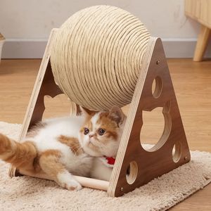 Brinquedo de bola para arranhar gato Sisal Corda Esmerilhadeira Bola Patas Arranhador Brinquedos para gatos Suprimento para animais de estimação Bolas de escalada interativas para gatos de madeira