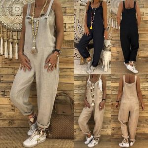 Kvinnors jumpsuits plus storlek 2023 Autumn Women Lose Casual Bib overaller Bomullslinne Rompers Long Solid Strappy Pockets Dungarees