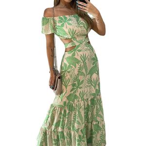 2023 Designer Sexy Maxi Dresses Summer Women Off The Shoulder Oco Out Long Dress Plus size 3XL Print Solto Vestido de Sol Férias Roupas de Praia Roupas por Atacado 9938