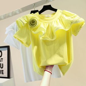 T-shirts 2022 sommar 100% bomull 3d blomma ruffle patch tshirt mode toppar kvinnor avslappnad allmatch shortsleeved tshirts chic tee femme