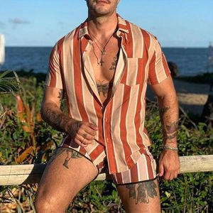 Mens Tracksuits Men Hawaiian Sets Summer Striped Print Short Sleeve Shirt Beach Button Shorts Trip Bohemia Holiday Two Piece Suit Cardigan 230607