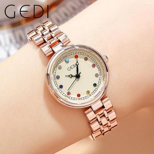 Relógios de pulso GEDI cor vintage relógio de diamante para mulheres botão de pressão fecho oculto retrô 30M à prova d'água relógio de pulso feminino de quartzo presentes