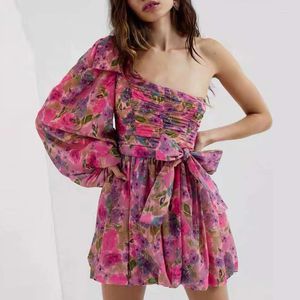 Casual Dresses Boho Inspired Floral Chiffon Mini Dress ONE SHOULDER Gathered Bodice Shirred Sexy Party Fusica Summer