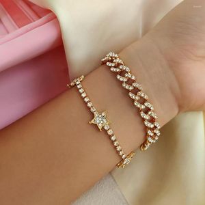 Link bransoletki 2pcs/Set punk Miami Cuban Chain Rhinestone for Women Fashion Błyszcząca gwiazda Bransoletka Krystaliczna