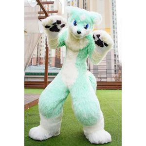 Traje de mascote Husky profissional Verde Branco Preto Garra Animal Canino Fursuit Fox Hound Roupas de Cabelos Compridos