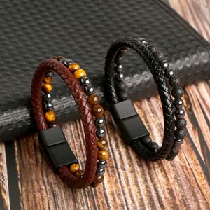 Bracciale da uomo in pelle fatto a mano, occhio di tigre, braccialetti con perline in pietra lavica, bracciale multistrato da uomo