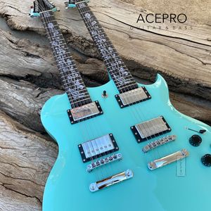 Acepro Chitarra elettrica a doppio manico blu cielo con corpo in tiglio Top scolpito Abalone Custom Stem Inlay Chrome Hardware Alta qualità