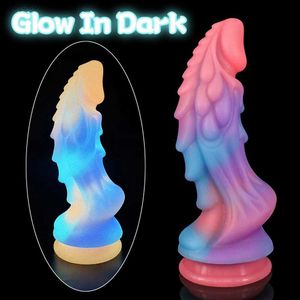 Nowe kolorowe świecące dildos Ogromne smocze potwory penis anal tyłek wtyczka świecący miękki dildo z ssącą kubek kobiet dla dorosłych zabawki L230518
